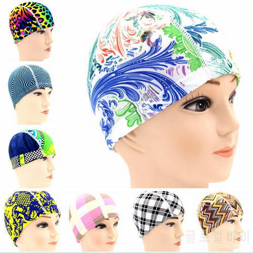 Colorful Men Women Print Swim Caps Polyester Protect Ears Long Hair Adults Swim Pool Bathing Cap Hat Free Size