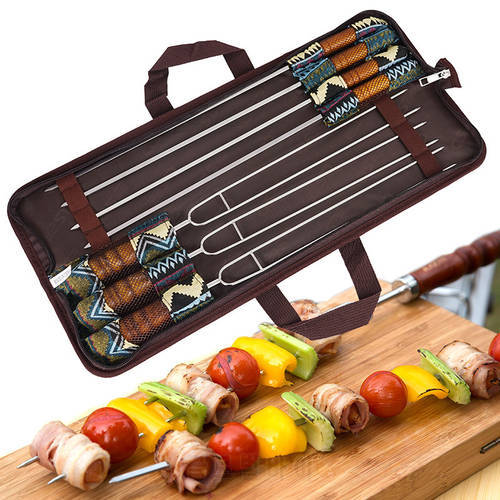 Outdoor BBQ needle barbecue fork barbecue stick portable stainless steel U-shaped wooden handle picnic 7-piece set wholesale