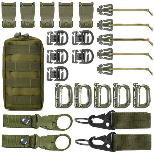 Kit of 25 Molle Accessories Kit Attachment D-Ring Grimloc Locking Gear Clip Webbing Strap Tactical Backpack Web Elastic String