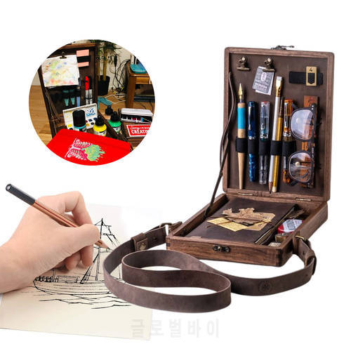 Writers Messenger Box Retro Writer Storage Wooden Box For Artist Writer Pen Brush Tool Decorative Shoulder Painting Tool Bag