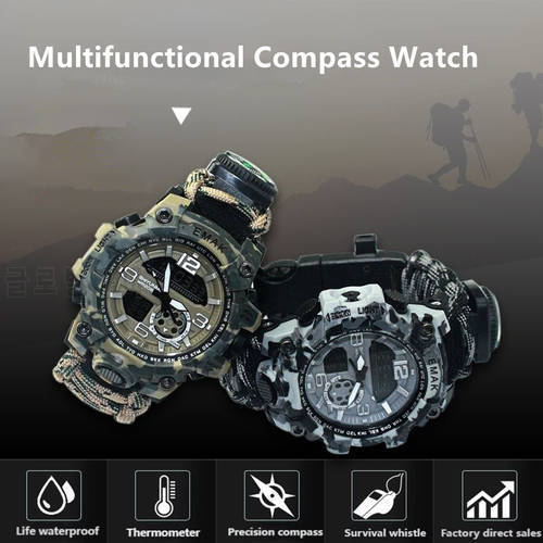 Compass Umbrella Rope Woven Watch Multi-Function Whistle Compass Luminous Waterproof Dual Movement Camouflage Watch Outdoor Tool