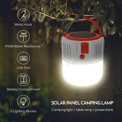 Portable Solar Panel Hand Lamp Waterproof LED Tent Light USB rechargeable Camping Lantern Powerful Torch for Outdoor Survival