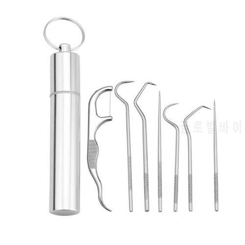 Portable Stainless Steel Toothpick Set Metal Flossing Tools with Toothpick Holder Household Outdoor Picnic Tools Travel Seal/WS