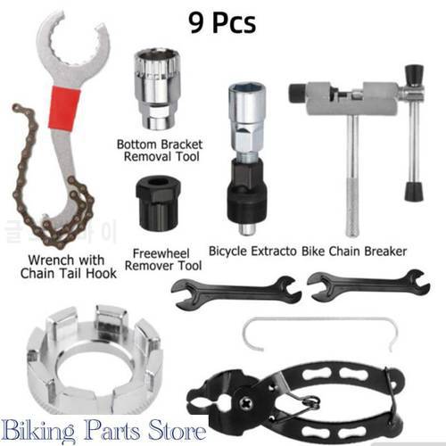 9 in 1 Bicycle Repair Tool Kits Flywheel Removal Chain Breaker Cutter Crank Puller Bike Wrench Cassette Bracket Extractor Sets
