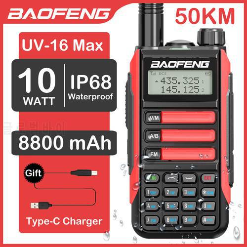 New BaoFeng UV-16 Max 10W High Power Waterproof Walkie Talkie Support Type-C Charger 50KM Long Range Distance Upgrade UV5R PRO