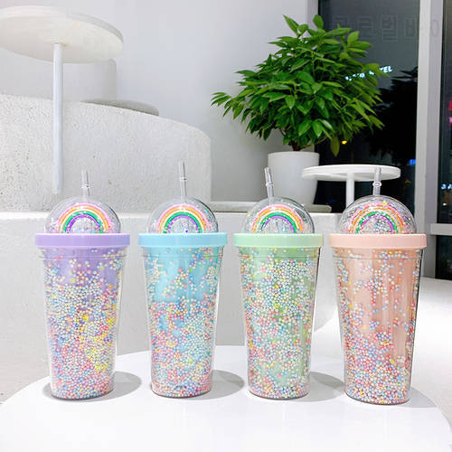 550ml Double Layers Rainbow Plastic Water Bottle With Straw Korean style Creative Sweet Mug For Milk Coffee Tea Cup