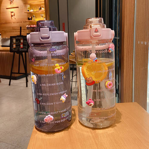 2L Sports Straw Water Bottle with Stickers Portable Large Capacity Fitness Bike Cup Summer Ice Cold Water Jug with Time Marker