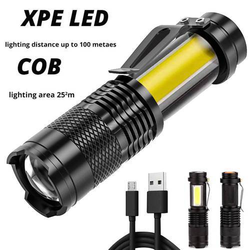 Mini Rechargeable LED Torch XPE+COB Waterproof Zoom Work Light 50m Lighting Distance For Adventure Fishing Camping Accessories