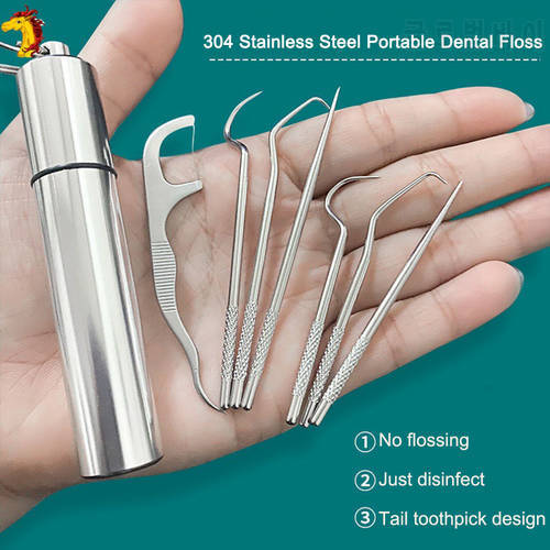 1 Set Stainless Steel Toothpick Dental floss Portable Reusable Travel Camping Fruit Fork Multifunction Toothpick Oral Care Tools