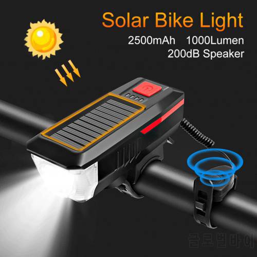 Solar Bike Light Front Flashlight With Horn Bicycle Lantern USB Rechargeable Lamp Taillight Luces Bicicleta Cycling Accessories