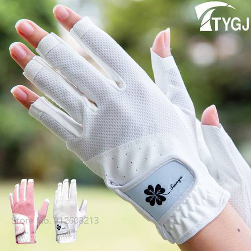 TTYGJ 1 Pair Breathable Golf Fingerless Gloves Women PU Elastic Non-slip Golf Mittens Left Right Hand Elegant Gloves Driving