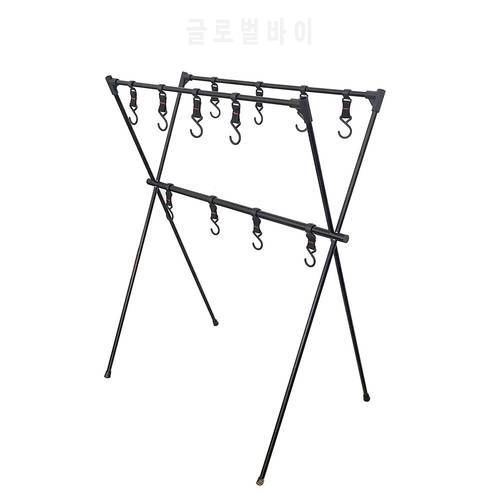 Outdoor Camping Hanging Shelf Fold Multifunctional Clothes Storage Hanger Picnic Barbecue Cookware Tool Triangle Rack with Hooks