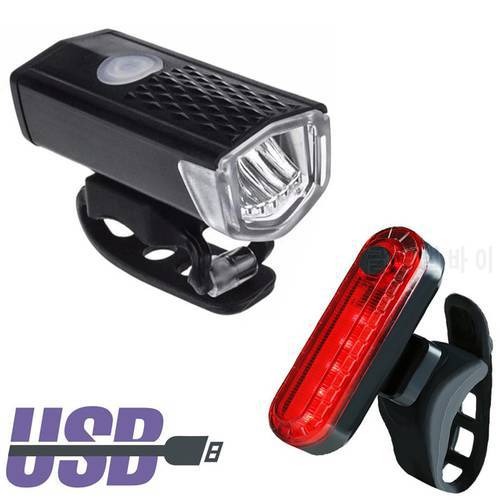 2pcs Bike Lights Rechargeable 300 Lumens Bicycle LED Lights Front Headlight + Rear Taillight Cycling Lights Bike Accessories