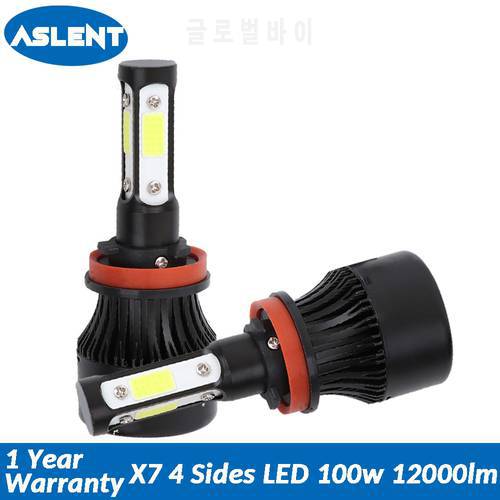 Aslent New 4 Side COB 100W 12000lm led H7 H4 Hi lo H11 9005 9006 9004 9007 Car LED Headlight Bulbs Auto Headlamp Light 12v 24v