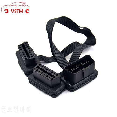 VSTM Flat+Thin 16Pin OBD 2 Extender OBD2 16 Pin ELM327 Male To Dual Female Y Splitter Elbow OBDII Extension Connector Cable