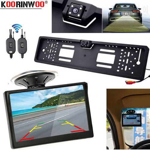 Koorinwoo 3in1 EU License Plate Frame Rearview Trunk Camera Reverse Wireless + Car Monitor LCD Mirror Glass Colorful Assistance