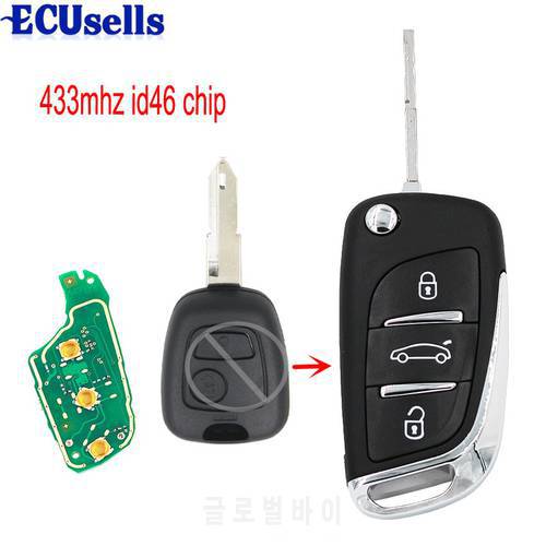 DS Style Folding Key for Peugeot 206 207 206CC 3 Buttons Keyless Entry Fob Remote Key 434MHZ