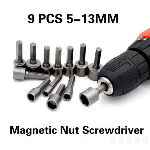 9pcs 5-13mm Hexagon Nut Driver Drill Bit Socket Screwdriver Wrench Set for Electric Screwdriver Handle Tools No Magnetic