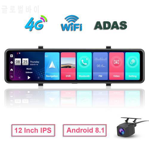 2020 12 inch Full Screen Touch IPS 4G Car Dash Cam Rear View Android 8.1 Mirror car DVR RAM2GB ROM32GB WiFi GPS Navi Bluetooth