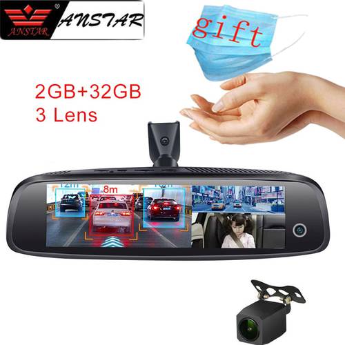 ANSTAR 8&39&39 2GB+32GB Rearview Mirror Car DVR 4G Android Dash Cam 3 lens HD 1080P Night Vision Registrar GPS ADAS Auto Camera