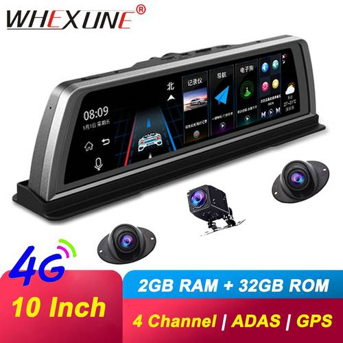 10 Inch 4G Android 5.1 Car Dashboard Video Recorder GPS Navigation ADAS Rear View Mirror Cameras 1080P 4 Lens WIFI Dash Cam DVRs