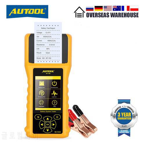 AUTOOL BT760 Battery Tester With Printer Battery Analyzer Tester Automobile Battery Capacity Max Load Cranking Charging Tester