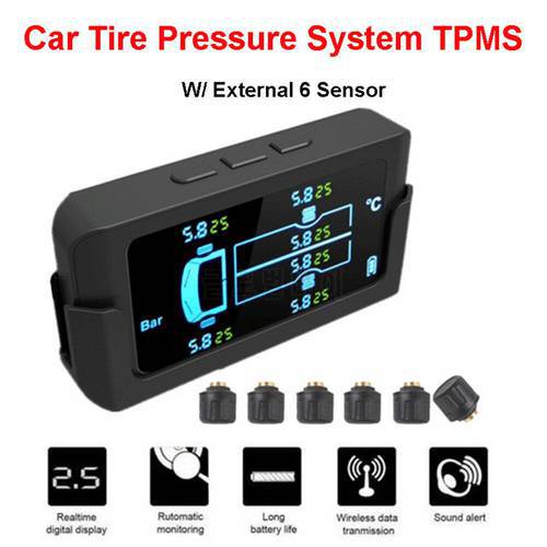 Car LCD Solar Wireless TPMS Tire Pressure Monitoring System W/ 6 External Sensor Real-time Voice Alarm for 4/6 Tyres