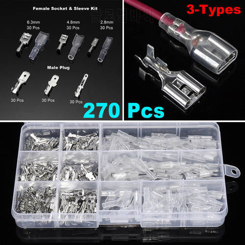 270pcs/Set 2.8/4.8/6.3mm Tinned Brass Mixed Female & Male Spade Crimp Terminal Connectors Set For Easy Storage And Carrying