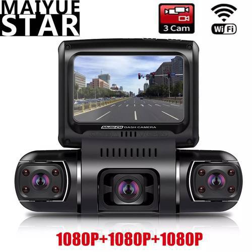 3 Channel Dash Cam 3 Inch LCD Screen 1080P+1080P+1080P 3 Lens Car DVR WIFI/WDR/ 8 Infrared Light Super Night Vision Camera