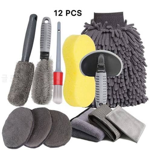 12Pcs Car Grooming Car Wash Glove Polishing Waxing Sponge Wheel Hub Brush Tire Brush Car Cleaning Microfiber Towel Detailing
