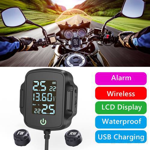 AN-08A TPMS Motorcycle Motorbike Tire Pressure Monitoring System Tyre Temperature Alarm System with QC 3.0 USB Charger for Phone