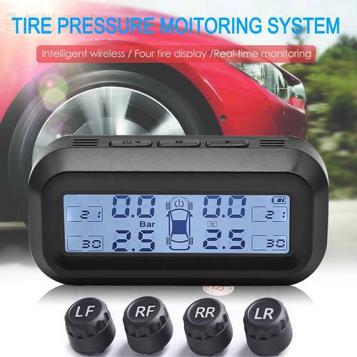 TPMS Car Wheel Tire Pressure Sensors Alarm Monitoring System Solar LCD Digital Display Temperature Warning with 4 External