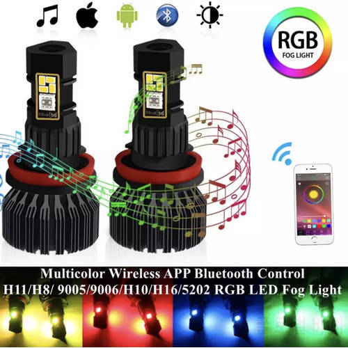 2PCS H11/H8/ 9005/9006/H10/H16/5202 RGB LED Fog Light Bulb Multicolor Wireless APP Bluetooth Control 1800 Lumens DRL Fog Driving