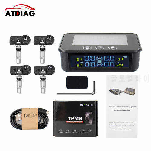 Universal TPMS Wireless Tire Pressure Monitoring System Solar Power Clock LCD Display 4 External Sensor Tire Pressure Sensors