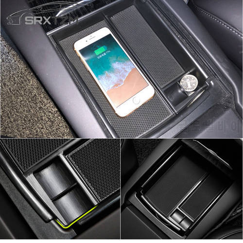 SRXTZM New Car Wireless Charger Phone Holder Armrest Storage Box Tray for IPhone Samsung Console Tray for Tesla Model X S 1pcs