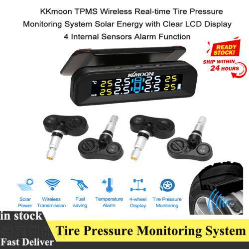 KKmoon Real Time Tire Pressure Monitoring System Solar Energy Powered TPMS Wireless Clear LCD Display with 4 Sensors