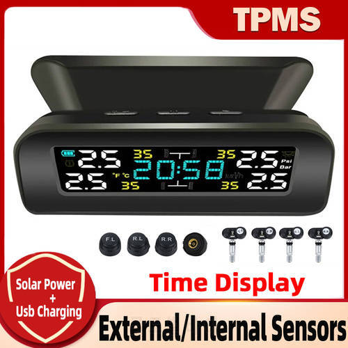 With Clock Monitoring Tyre Temperature Alarm System Car TPMS Solar Charging Auto Tyre Tire Pressure Monitoring System