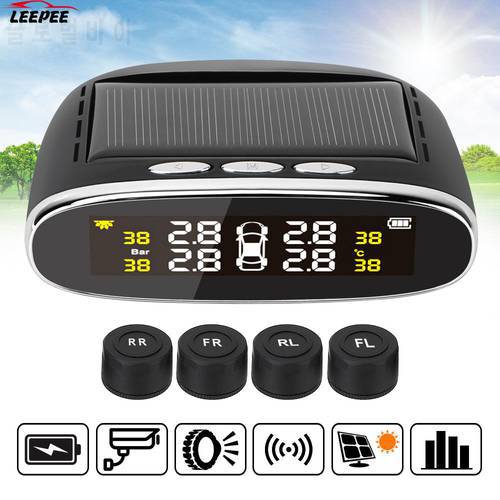 With 4 Internal/External Sensor Car Tire Pressure Alarm Monitor System Waterproof Intelligent Solar Power TPMS Temperature Alert
