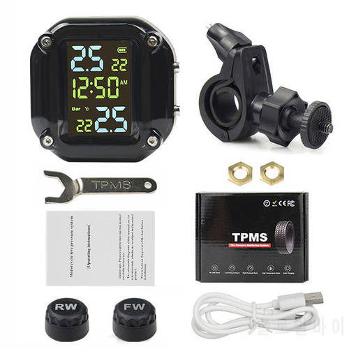 2022 USB Solar Charging Motorcycle TPMS Motor Tire Pressure Tyre Temperature Monitoring Alarm System with 2 External Sensors