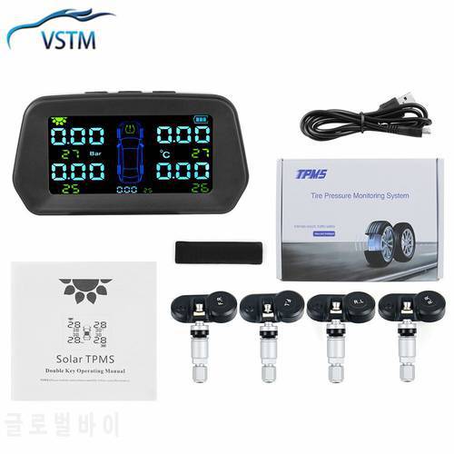 2023 TPMS Tire Pressure Alarm Monitor Solar Power Tyre Pressure Monitoring System with 4 External Sensors Auto Alarm Security