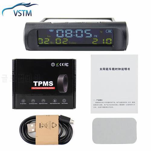 Solar Car TPMS Tire Pressure Monitoring System LCD Clock Time Display Auto Tyre Temperature Alarm Free Shipping