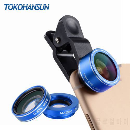 TOKOHANSUN Mobile Phone Lens 3in1 Kit 0.63x Wide Angle 15x Macro 198 Fisheye Camera Lenses HD for IPhone 6S 7 8 Xiaomi Cellphone