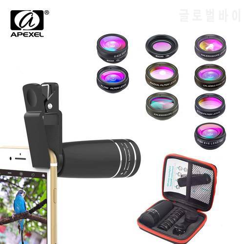 APEXEL 10 in 1 Mobile phone Lens Telephoto Fisheye lens Wide Angle Macro Lens+CPL/Flow/Radial/Star Filter for all smartphones
