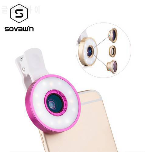 Universal Clip Fish Eye Mobile Phone Lenses Kit 6 in 1 LED Lighting 185 Fisheye +0.65X Wide Angle+Macro Lenses For iPhone Xiaomi