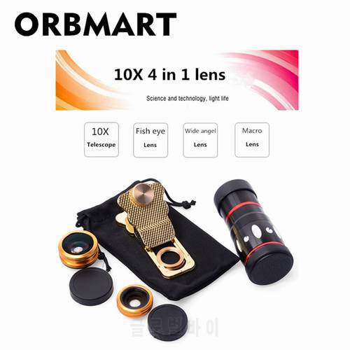 ORBMART Universal 4 in 1 Clip 10X Zoom Telescope Fisheye Wide Angel Macro Lens For iPhone SE 6 6S Plus Samsung S7 S6 Redmi Phone