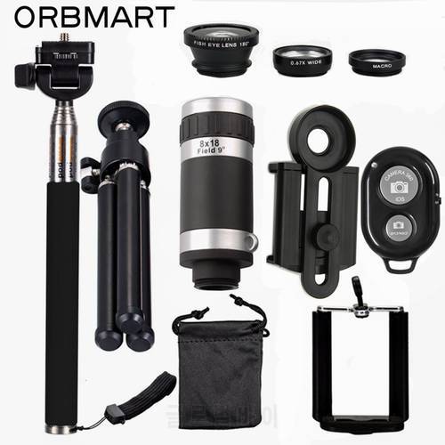 ORBMART Mobile Phone Camera Lens Kits 8X Telescope + 3 in 1 Fish Eye Lens + Extendable Handheld Selfie Stick + Bluetooth Shutter