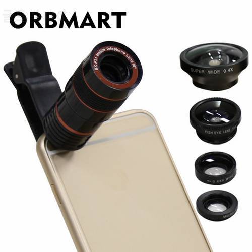 ORBMART 5 in 1 Lenses 8X Telescope 0.4X Super Wide Fish eye Wide Angel Macro For iPhone Samsung HTC Xiaomi Mobile Phone Camera