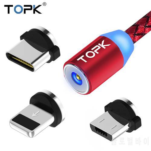 TOPK R-Line LED Magnetic Cable Micro USB & USB Type-C Cable Magnet Charger Cable For iPhone X 8 7 6 Plus USB C Phone Cables Red