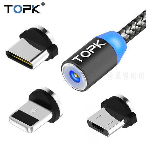 TOPK R-Line1 LED Magnetic Cable For iPhone X 8 7 6 Plus Micro USB Cable & USB Type-C Cable Magnet Phone Cables Type C USB C Gray