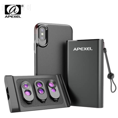 APEXEL New Add-on Dual Lens fisheye wide angle macro telescope zoom mobile phone camera lens kit with phone case For iPhoneX/XS